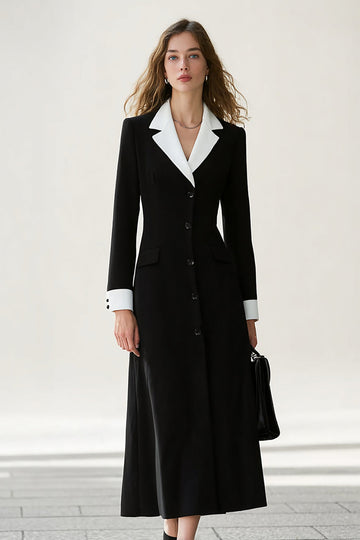 Black and White A Line Notched Lapel Long Blazer Dress With Sleeves